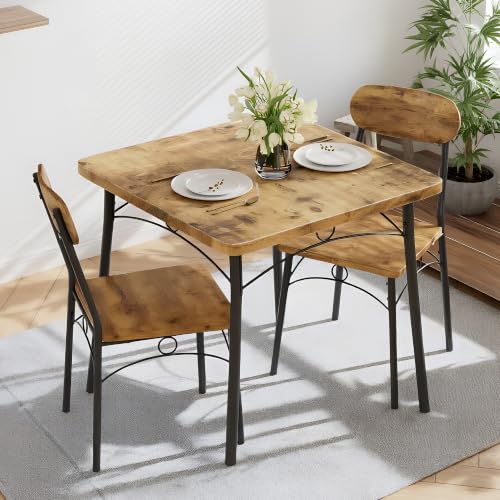 VECELO Rustic Brown 3-Piece Dining Set for 2, Space-Saving Kitchen Table & Chairs