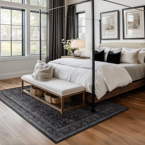 Dark 5x7 Area Rug for Living Room & Bedroom, Washable Non Slip Vintage Farmhouse Style - Midnight Variation