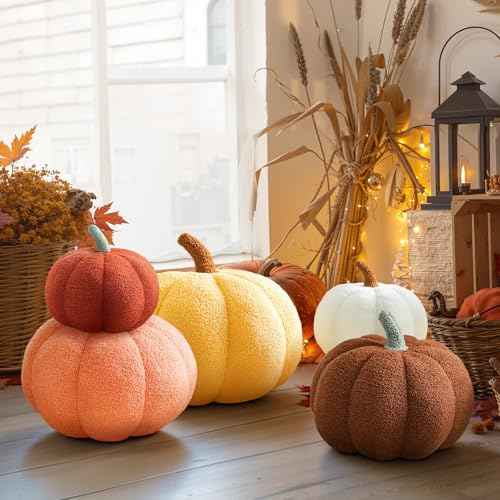 Fall Pumpkin Pillow Orange Fleece Sherpa 3D Pumpkin Shaped Decorations Pillows for Home Autumn Halloween Thanksgiving Farmhouse Decora,11.02"