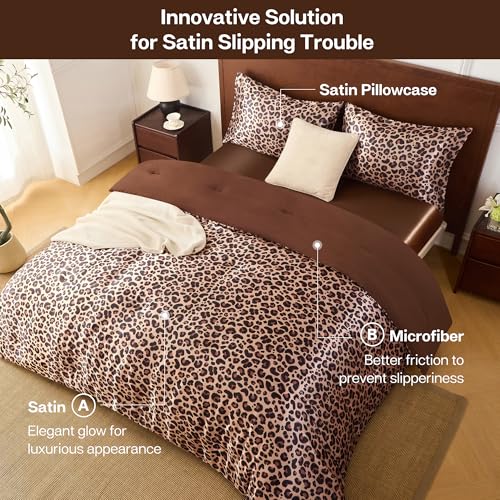 Queen Comforter Set Brown Leopard Reversible Satin Microfiber Bedding 3 Pieces - 10 Variation