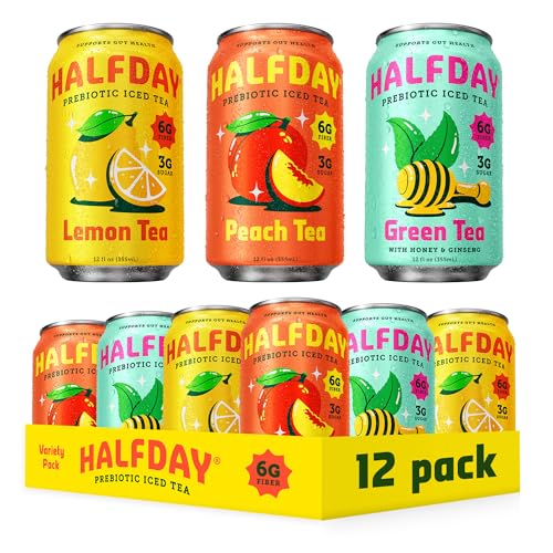 Prebiotic Iced Tea Variety Pack - Classic Lemon Peach & Green Tea, Supports Gut Health, Low Sugar, 12 fl oz, 12 Pack