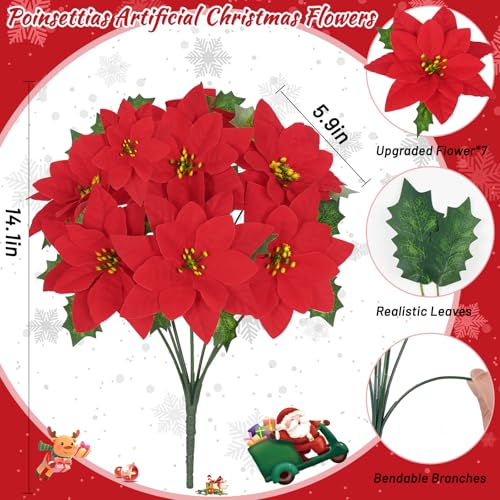 Artflower 12 Pack Poinsettias Artificial Christmas Flowers – Velvet Red Faux Poinsettias for Tree, Home & Outdoor Decor