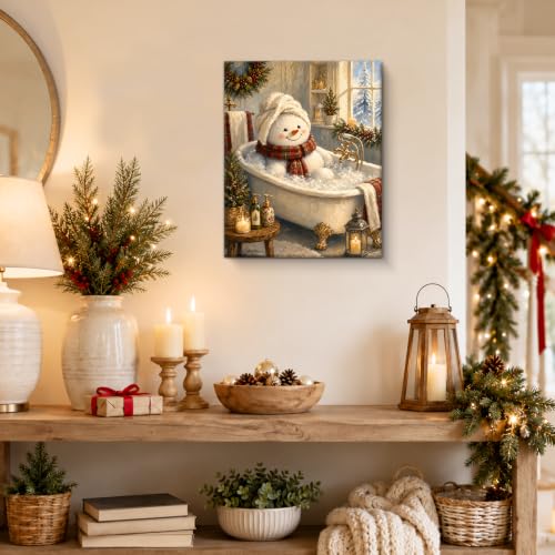 VRLSDTHF Christmas Bathroom Canvas Wall Art – Snowman Holiday Decor, 8x10 inches