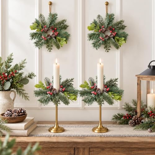 YLOLUL 12 Pcs Christmas Frosted Pine Candle Ring Wreaths Winter Decor