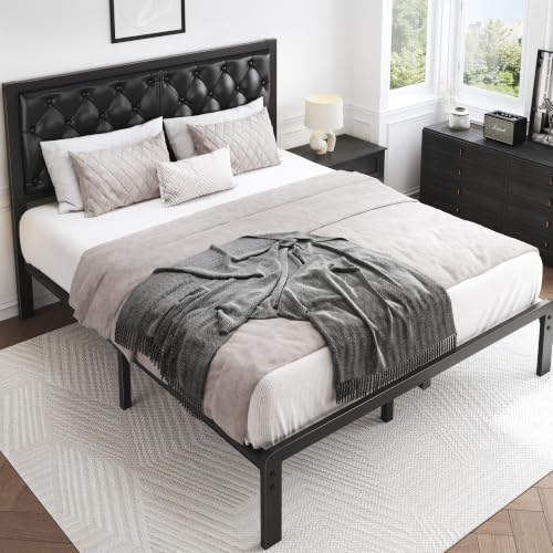 HISOFT Queen Bed Frame with Upholstered Button Tufted Headboard - Black, Platform Support, Under Bed Storage, Noise-Free, Easy Assembly