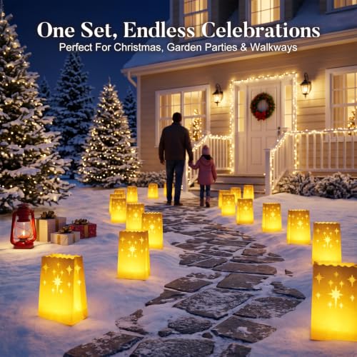 Homemory 50 Pack White Star Candle Luminary Bags - Moisture Proof & Reusable