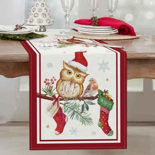 Bonhause Christmas Owl Table Runner 13x72 Inch Bird on Pine Branches Snowflakes Seasonal Winter Holiday Kitchen Dining Table Decoration for Indoor Outdoor Home Party Decor