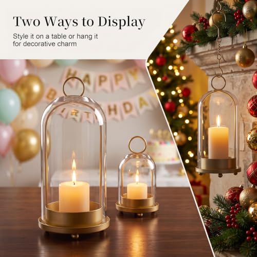 Gold Hurricane Glass Candle Holders Set of 2 - Metal Lanterns with Handmade Glass Domes