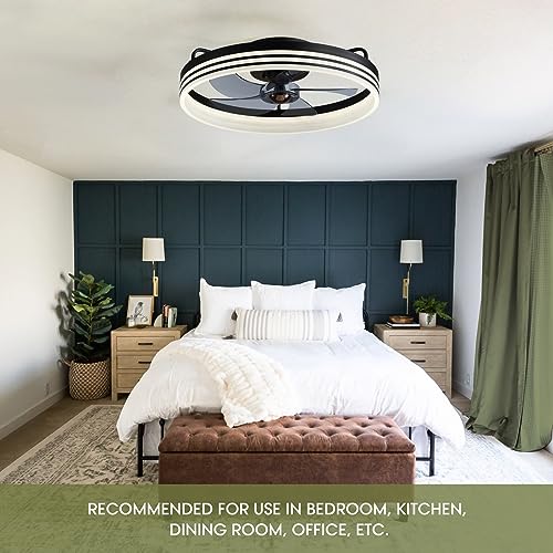 LUDOMIDE 20-inch Black Ceiling Fan with Light, 6-Speed Reversible Low Profile Fan for Bedroom & Living Room - Variation Black-1105
