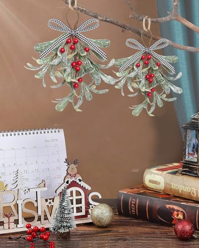 Artificial Mistletoe Décor for Doorways - 12in Glitter Leaves with Red Berries
