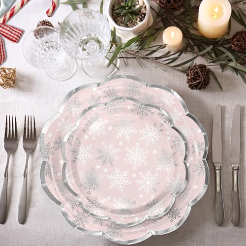 LeZakaa 25Pcs Christmas Paper Plates - Snowflake in Pink Silver Foil Winter Holiday Design Disposable Party Plates Decorative Tableware Supplies Table Decor for Christmas - 7 Inch