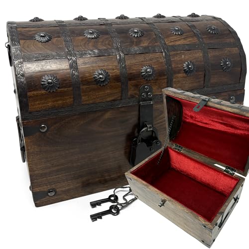 Large Nautical Cove Wooden Treasure Chest with Velvet Lining & Antique Lock