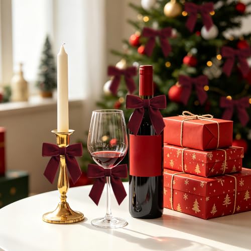 24Pcs Burgundy Red Velvet Christmas Bows - Small Holiday Gift & Decor