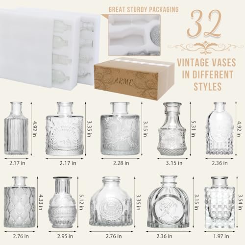 Clear Glass Bud Vase Set of 32 - Small Vintage Flower Vases for Centerpieces