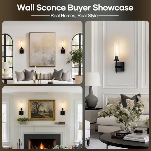 Rechargeable Wireless Wall Sconces Set of 2 with Remote Control - Matte Black & Clear Glass, 3000K Warm Light