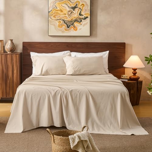 Deep Pocket Linen Sheet Set Queen Size - 4 Piece All-Season Breathable Bed Bedding