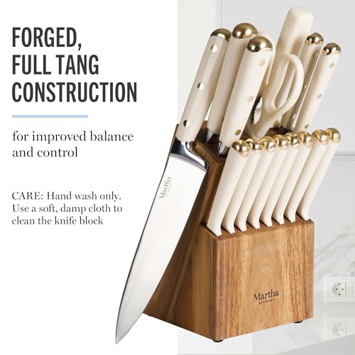 Linen White & Gold 16-Piece Knife Block Set with Acacia Wood Storage