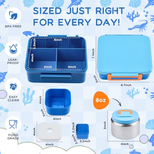 PIQUEBAR Blue Bento Lunch Box for Kids with 8oz Soup Thermos & Leak-Proof Container