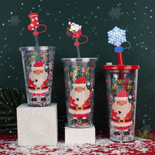 Winter 6-Pack Christmas Silicone Straw Covers for Stanley Cups - Reusable Snowflake Elk Santa Toppers