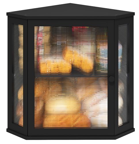 Black Extra Large Corner Bread Box with Bamboo Wood & Acrylic Wavy Door
