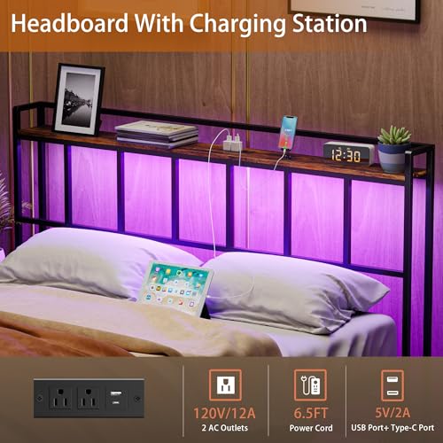 Queen Size Headboard with LED Lights USB Outlets & Storage Rack - Rustic Brown, Metal Frame