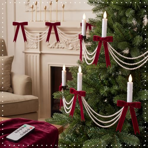 48PCS Christmas Pearl Garland & Velvet Bow Decor Set with Flameless Candles