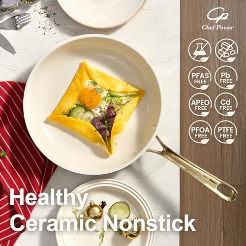 Ceramic Frying Pan Set 5 Pieces - Non-Stick Skillet with Cream White & Light Gold Handles