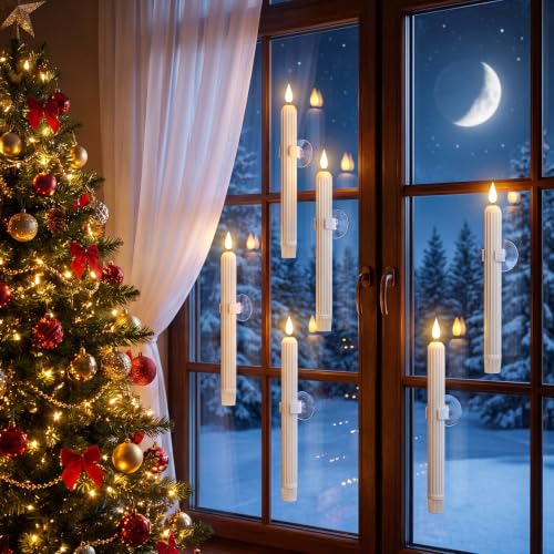 GenSwin C-Ivory 6 Pack Window Flameless Taper Candles with Dusk to Dawn Sensor