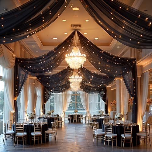 60" x 120" Black Ceiling Curtains Pack of 6 for Weddings & Events - Wrinkle-Free Tulle Drapes