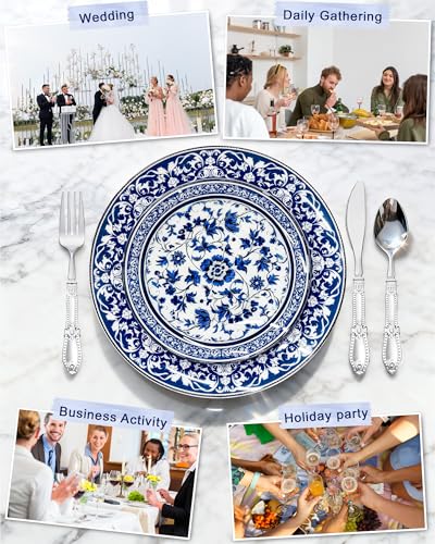 Hioasis Blue Plastic Dinner & Dessert Plates Set for 30 Guests - White & Blue