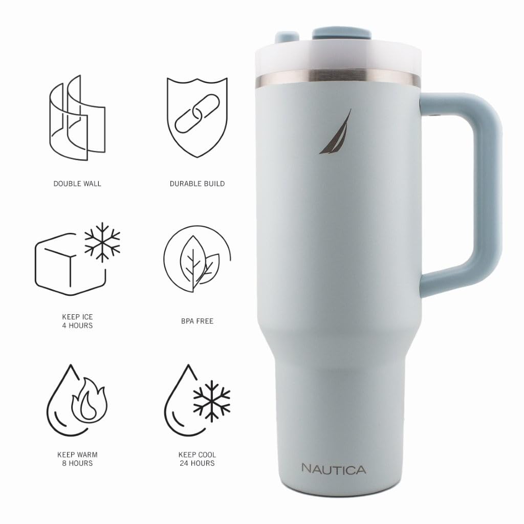 Nautica 40 oz Large Insulated Tumbler with Handle & Straw with screw on cap, Reusable Water Bottle Stainless Steel Travel Mug for Hot Cold or Iced Drink, BPA-Free, Fits Car Cup Holders (Light Blue)
