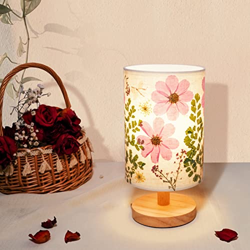 Pressed Flowers Small Table Lamp - 3-Color LED Bedside Lamp with Wooden Base