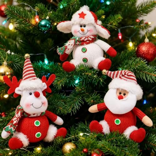 Santa Snowman Reindeer Christmas Tree Ornaments Set - Plush Holiday Decorations
