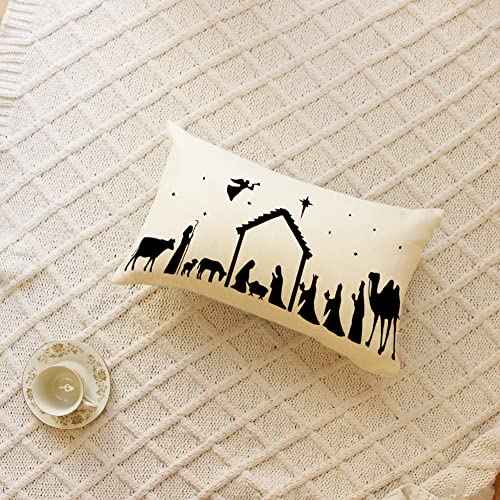 Ogiselestyle Christmas Oh Holy Night Lumbar Throw Pillow Covers, 12 x 20 Inch Winter Holiday Nativity Xmas Scene Story Cushion Case Decoration for Sofa Couch