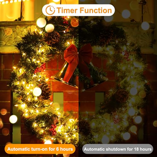 AMMAKER 100 LED Battery Operated Christmas String Lights with Timer, Warm White, 39.5FT Waterproof Indoor Outdoor Wreath & Party Decor