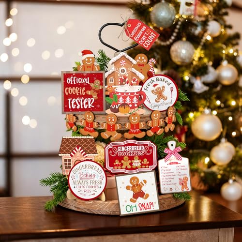 Draupnir 18 Pcs Christmas Tiered Tray Decor Set Winter Tiered Tray Gingerbread Christmas Decorations Farmhouse Tabletop Centerpiece Xmas Wooden 3D Sign Gingerbread Decor for Home Table