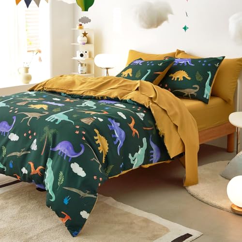 Twin Dinosaur Bedding Set for Boys - Dark Green 5-Piece Kids Bed in a Bag
