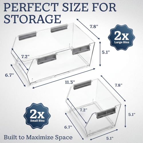 Stackable Plastic Storage Bins Set of 4 - Large and Small Kitchen & Home Organization
