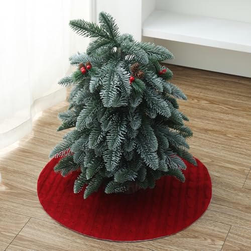 18 Inch Burgundy Knitted Christmas Tree Skirt with Hidden Tapestry - Yehnois