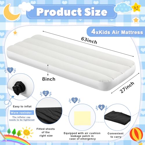 Kids Air Mattress Set with Fitted Sheet - Black, 4 Pack - Portable Sleepover Bed