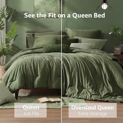 Monbix Olive Green Queen Comforter Set 7 Piece Bed in a Bag - Soft Cozy Bedding