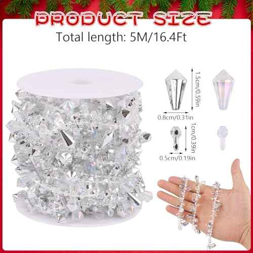 16.4ft Christmas Garland Crystal Acrylic Christmas Beaded Garlands Hanging Rustic Xmas Tree Decorations Twist Bead String Ornaments for Tree Wall Party(Silver)