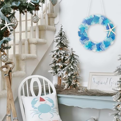 Blue Sea Glass Wreath - Handmade Coastal Beach Decor, 8.5 Inch