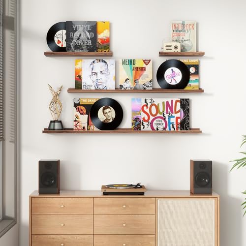 FLYJOE 56-Inch Floating Picture Ledge Shelves Set of 4 Walnut Wall Display Shelves for Photos & Books