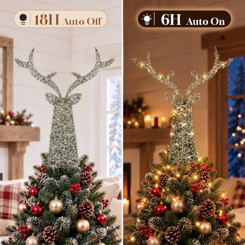 Lewondr C-Black Gold Rustic Lighted Deer Tree Topper - Christmas Reindeer Decor