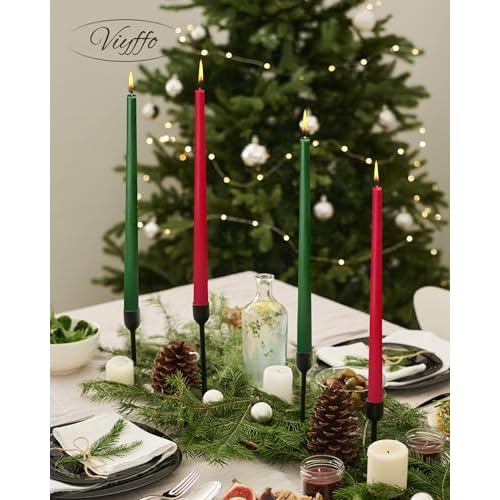 Viyffo 12 Inch Taper Candles 9-Hour Burn Christmas Edition, Green & Red 4 Pack Long Unscented Dripless & Smokeless Candlesticks for Holiday Dinner Table, Wedding & Home D?cor