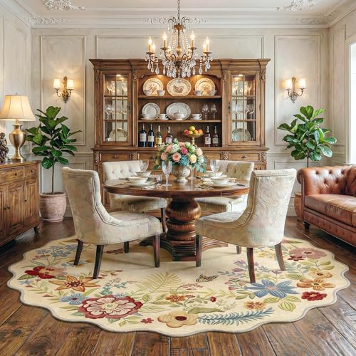 6ft Round Washable Beige Boho Area Rug with Embroidery-Inspired Floral Texture