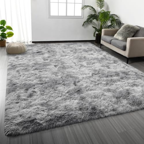 Tie-Dyed Light Grey Shag Area Rug 6 x 9 ft - Soft Faux Fur Bedroom Carpet