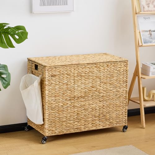 Water Hyacinth Laundry Hamper with Wheels & Lid, 52.8 Gallon, Natural, 3-Section with Removable Liners - 31.5"L x 15.75"W x 25.6"H
