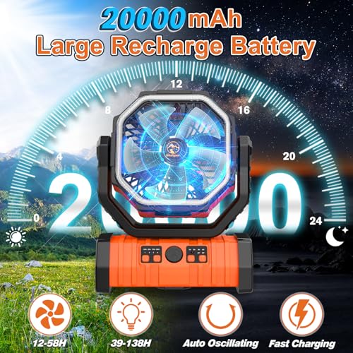 Orange 20000mAh Rechargeable Camping Fan with LED Lantern & Remote Control